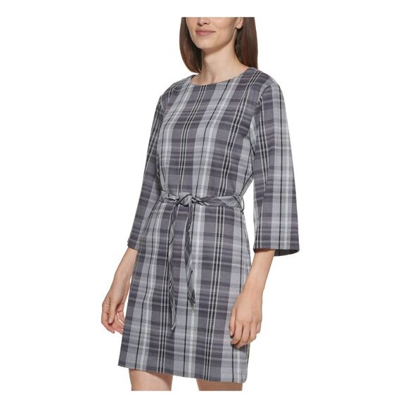 CALVIN KLEIN Womens Gray Unlined Pullover Plaid 3/4 Sleeve Short Shift Dress 14 - Picture 3 of 5